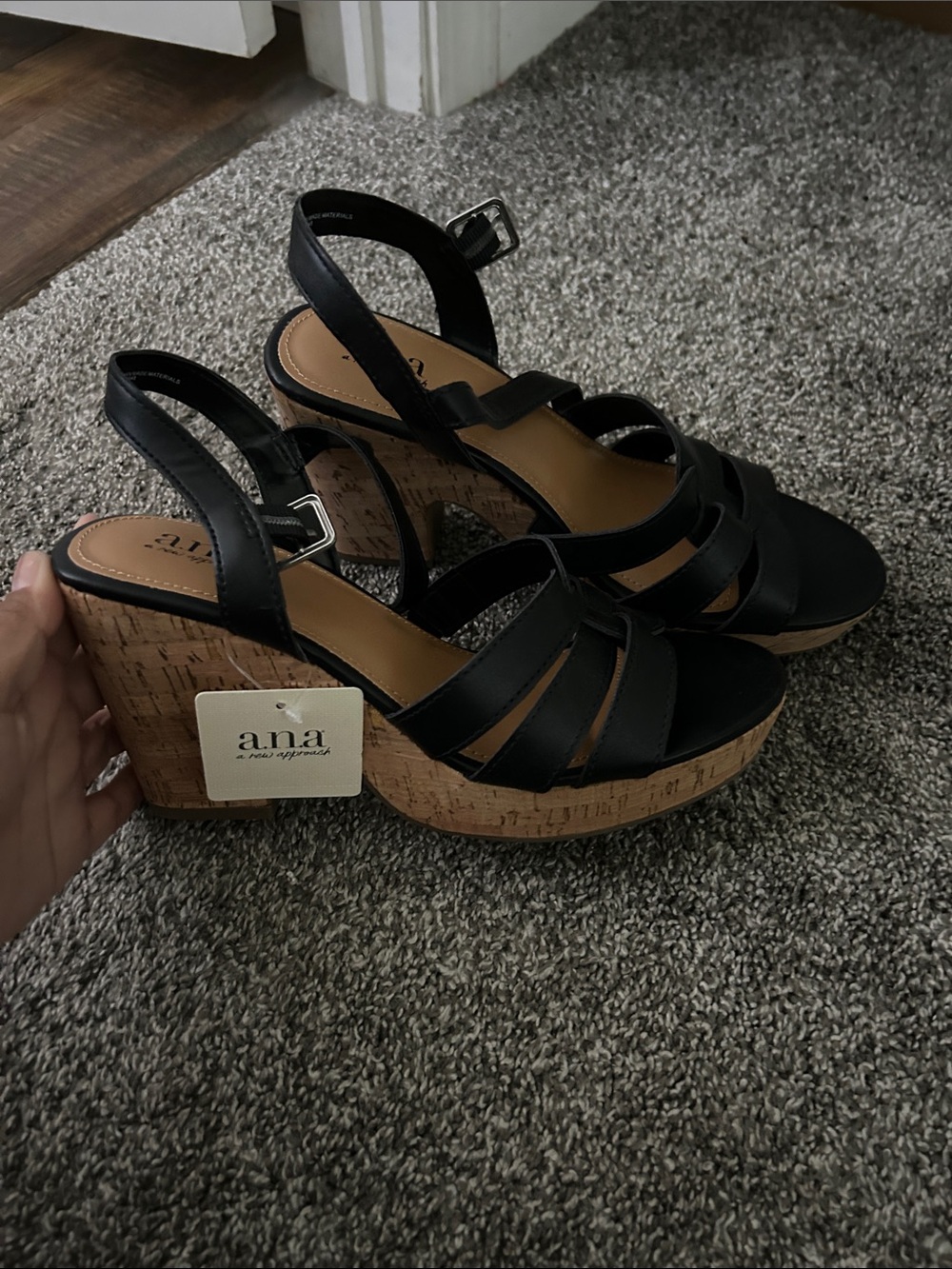 a.n.a Black Strappy Cork Wedge Sandals